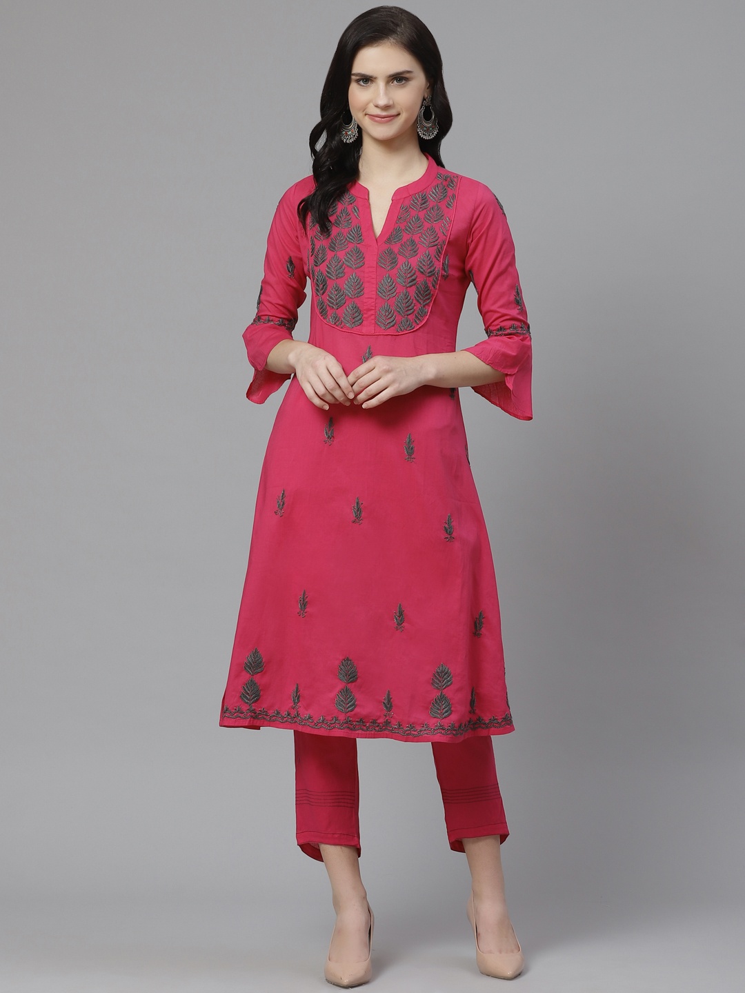 ADA Women Pink & Charcoal Grey Chikankari Embroidered Sustainable Handloom Kurta with Trousers
ADA Women Pink & Charcoal Grey Chikankari Embroidered Sustainable Handloom Kurta with Trousers