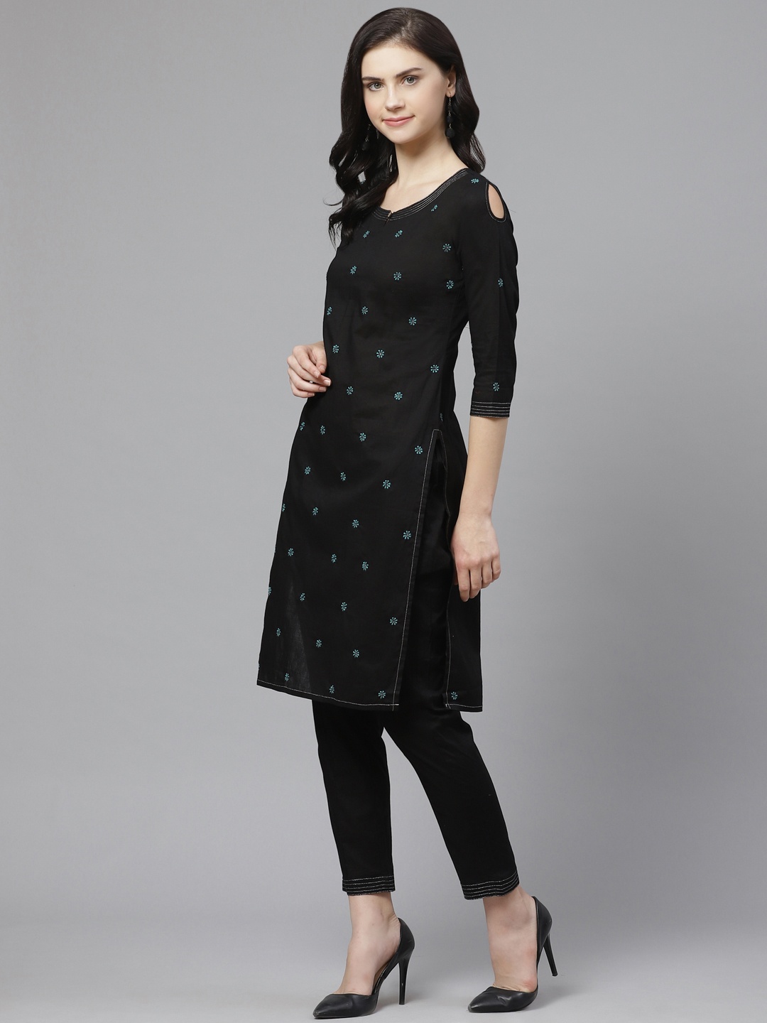 ADA Women Black & Green Chikankari Embroidered Sustainable Handloom Kurta with Trousers
ADA Women Black & Green Chikankari Embroidered Sustainable Handloom Kurta with Trousers