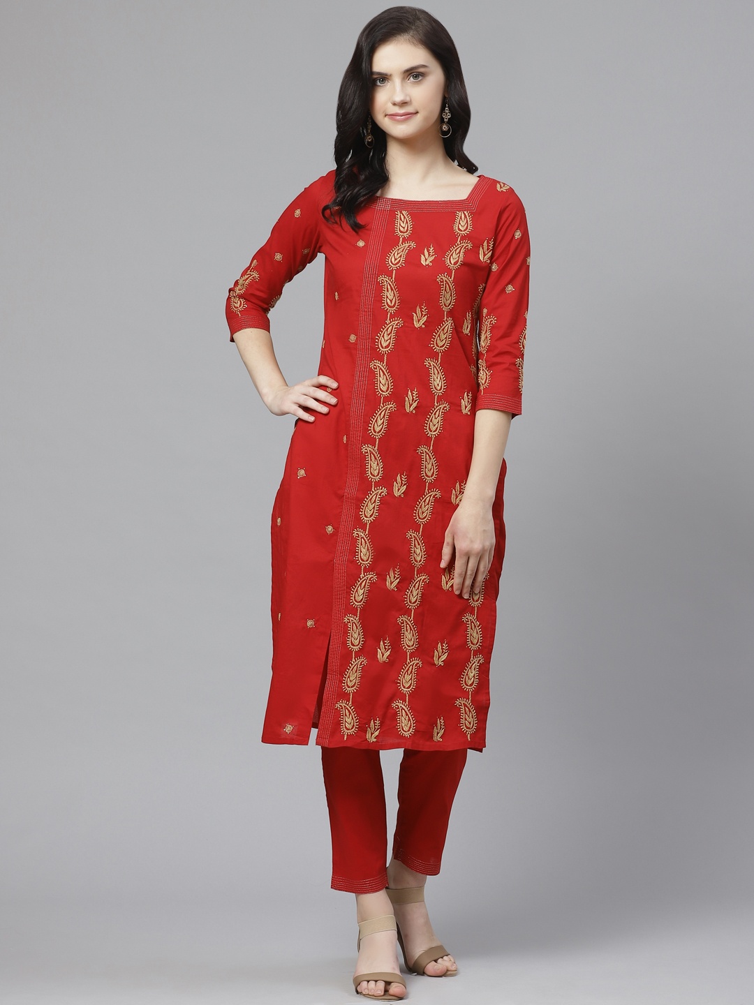 ADA Women Red & Beige Paisley Chikankari Embroidered Sustainable Handloom Kurta with Trousers
ADA Women Red & Beige Paisley Chikankari Embroidered Sustainable Handloom Kurta with Trousers