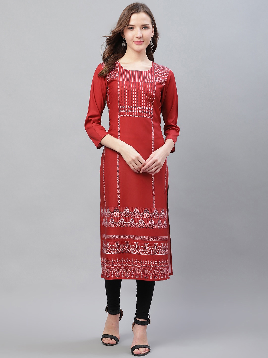 AHIKA Women Maroon & White Ethnic Printed Straight Kurta
