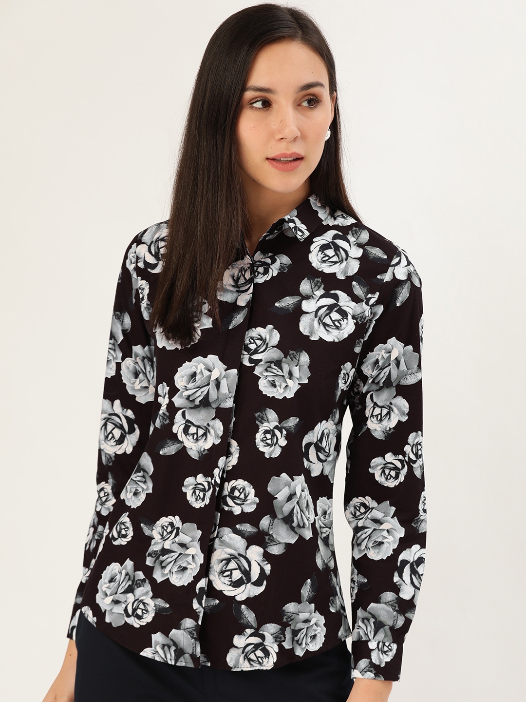 Hancock Women Black & Grey Slim Fit Floral Printed Formal Shirt