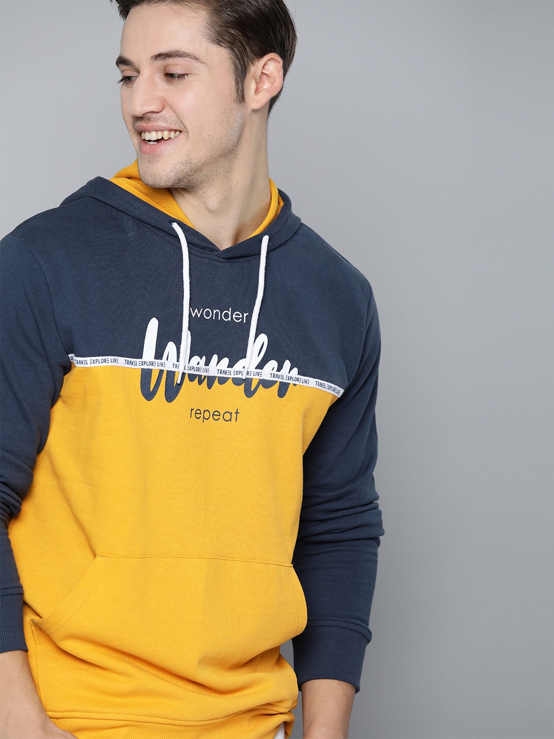 Mast & Harbour Men Navy Blue & Mustard Yellow Pure Cotton Colourblocked Hooded Sweatshirt
Mast & Harbour Men Navy Blue & Mustard Yellow Pure Cotton Colourblocked Hooded Sweatshirt