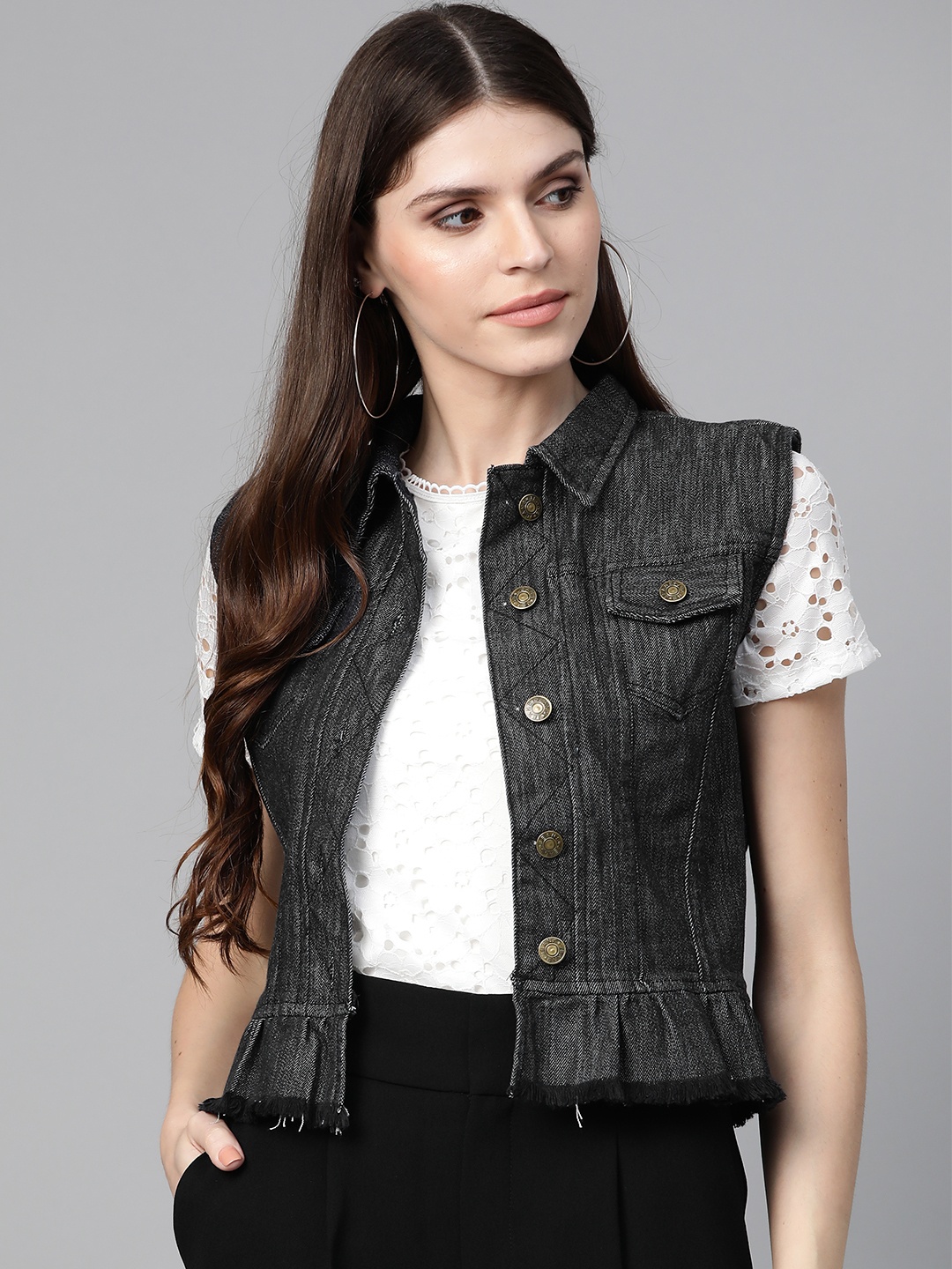 Bhama Couture Women Charcoal Grey Solid Denim Jacket