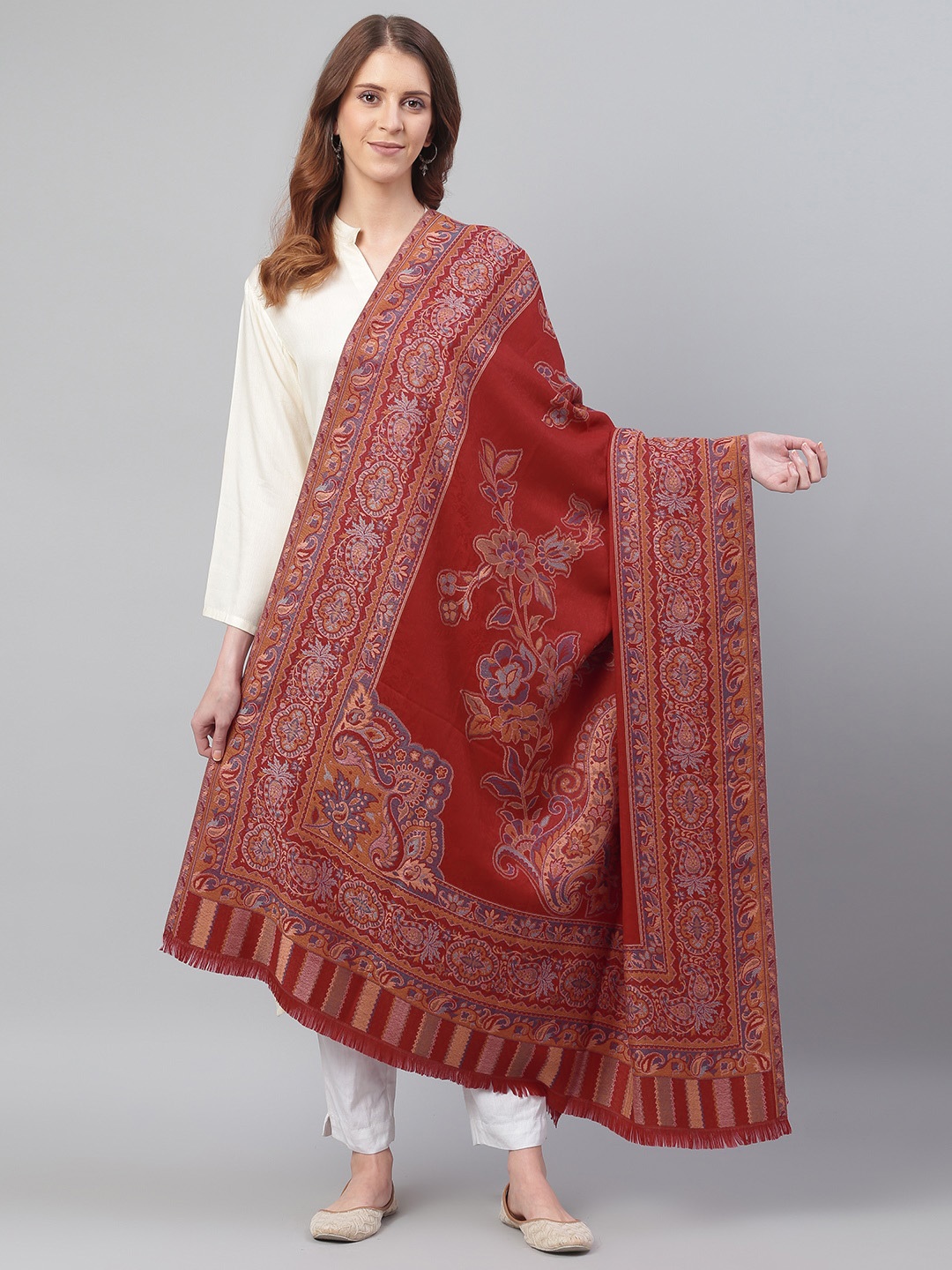 WEAVERS VILLA Women Maroon & Blue Woven Design Shawl