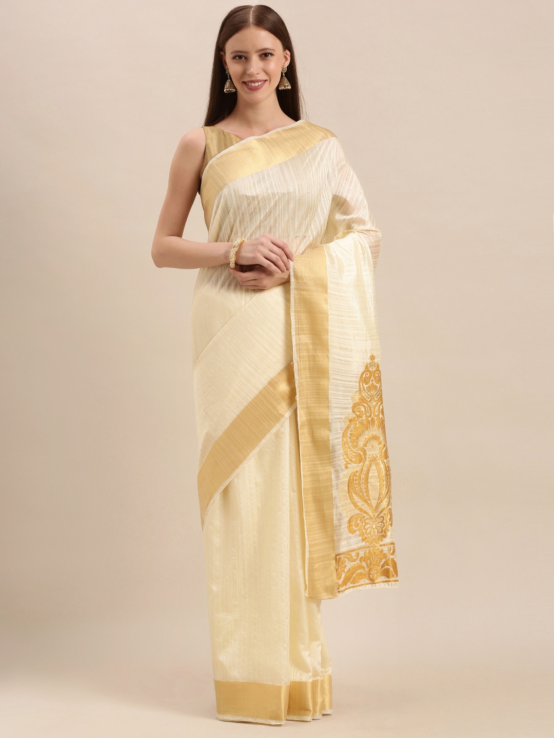 MIMOSA Cream-Coloured & Gold-Toned Art Silk Self-Striped Kasavu Saree