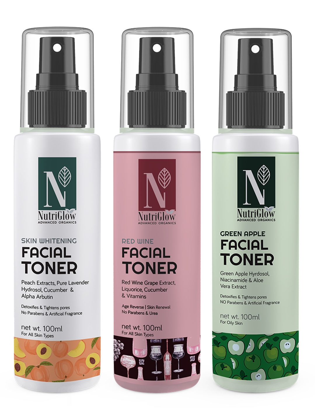 NutriGlow Advanced Organics Set of 3 Red Wine Toner + Whitening Toner + Green Apple Toner, Multi
NutriGlow Advanced Organics Set of 3 Red Wine Toner + Whitening Toner + Green Apple Toner, Multi
