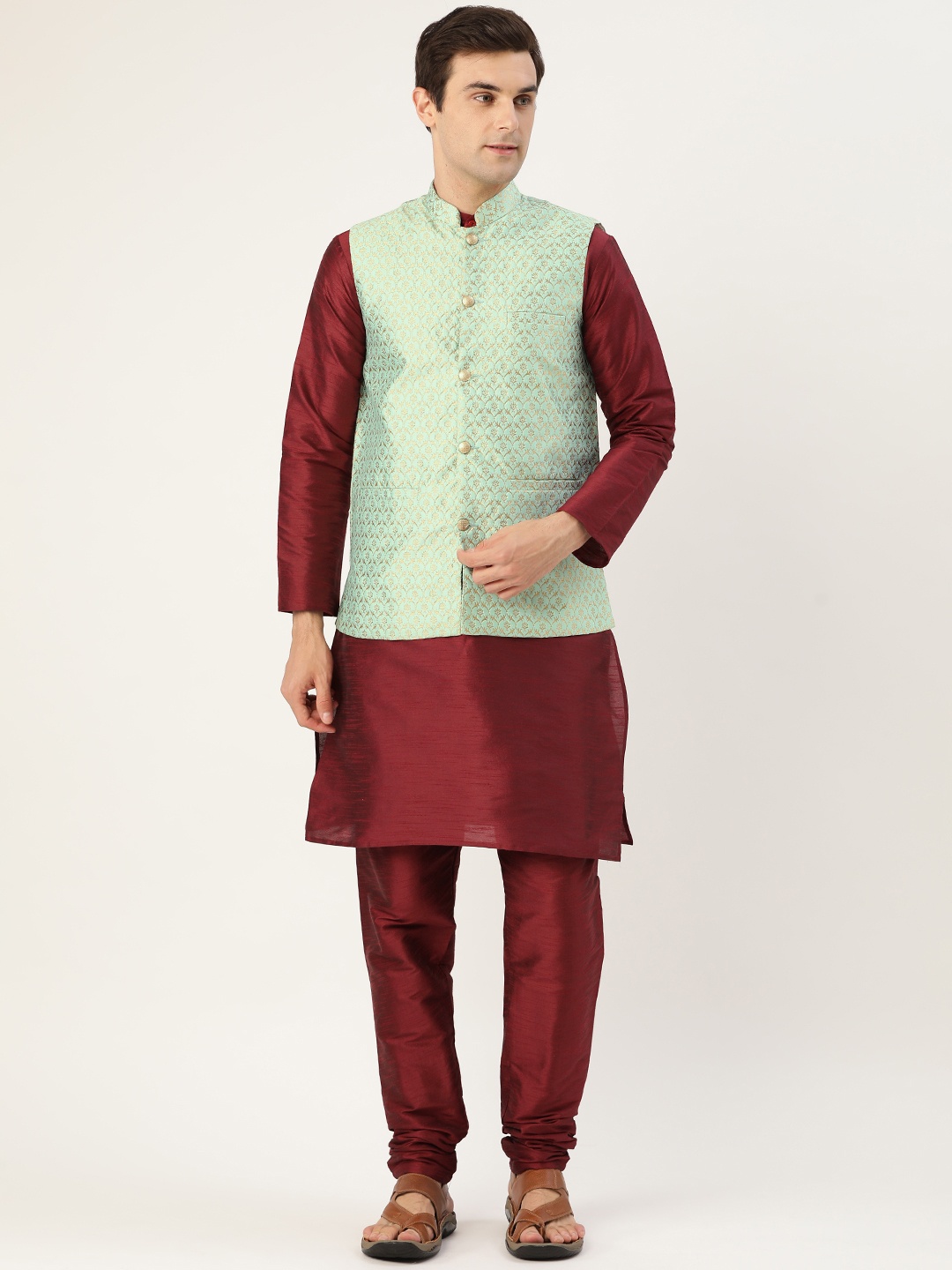 SOJANYA Men Maroon & Green Solid Kurta & Churidar with Woven Design Nehru Jacket
SOJANYA Men Maroon & Green Solid Kurta & Churidar with Woven Design Nehru Jacket