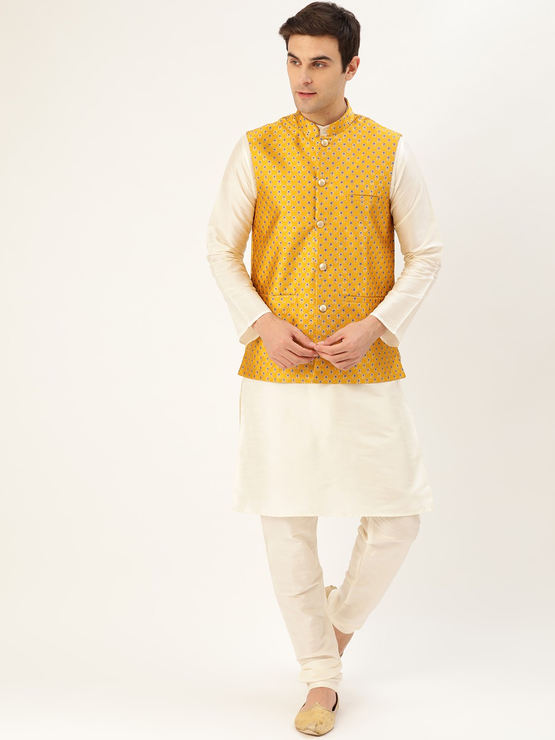 SOJANYA Men Cream-Coloured & Mustard Yellow Solid Kurta with Churidar & Nehru Jacket
SOJANYA Men Cream-Coloured & Mustard Yellow Solid Kurta with Churidar & Nehru Jacket