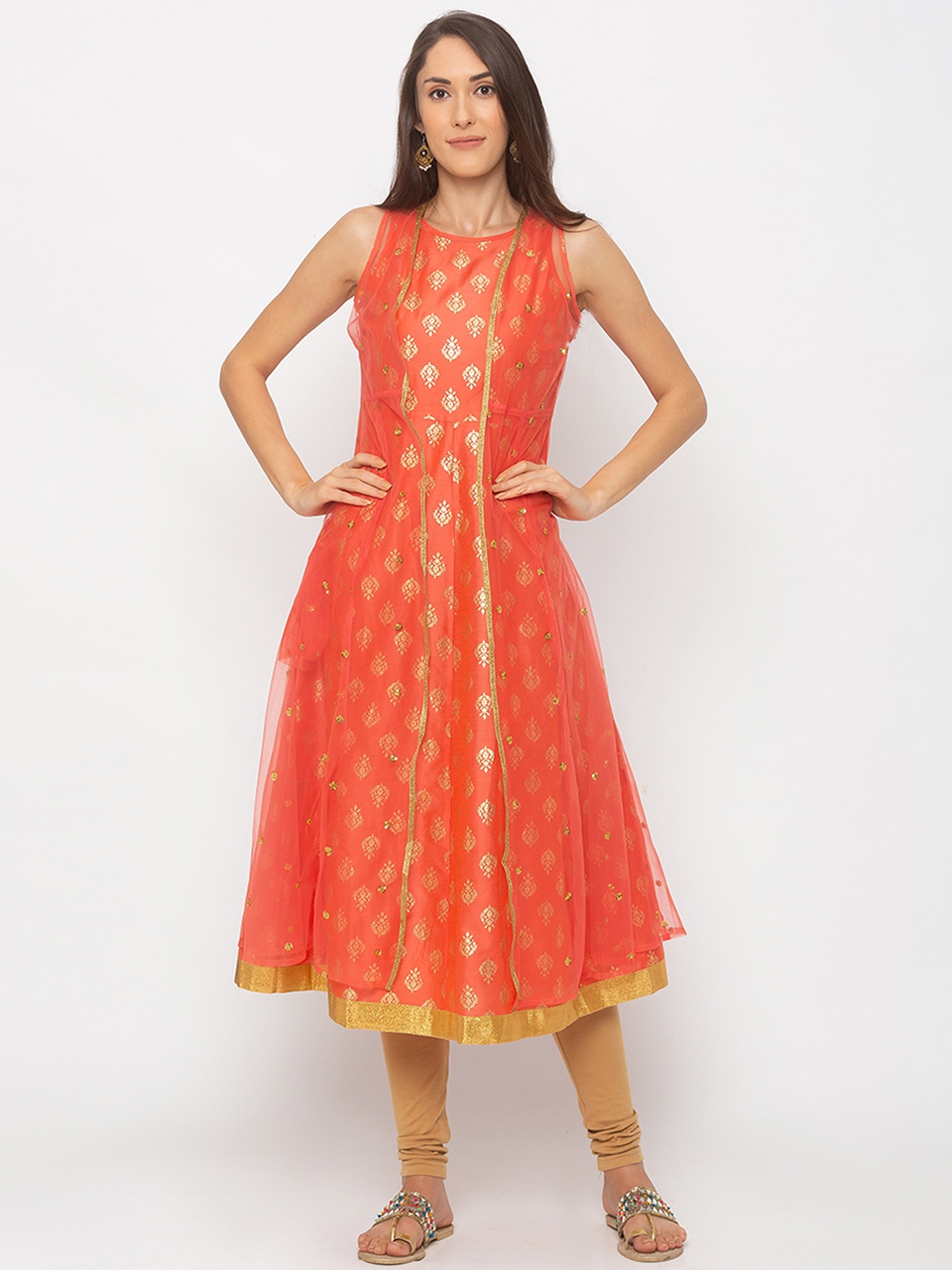 Globus Women Orange Woven Design A-Line Kurta