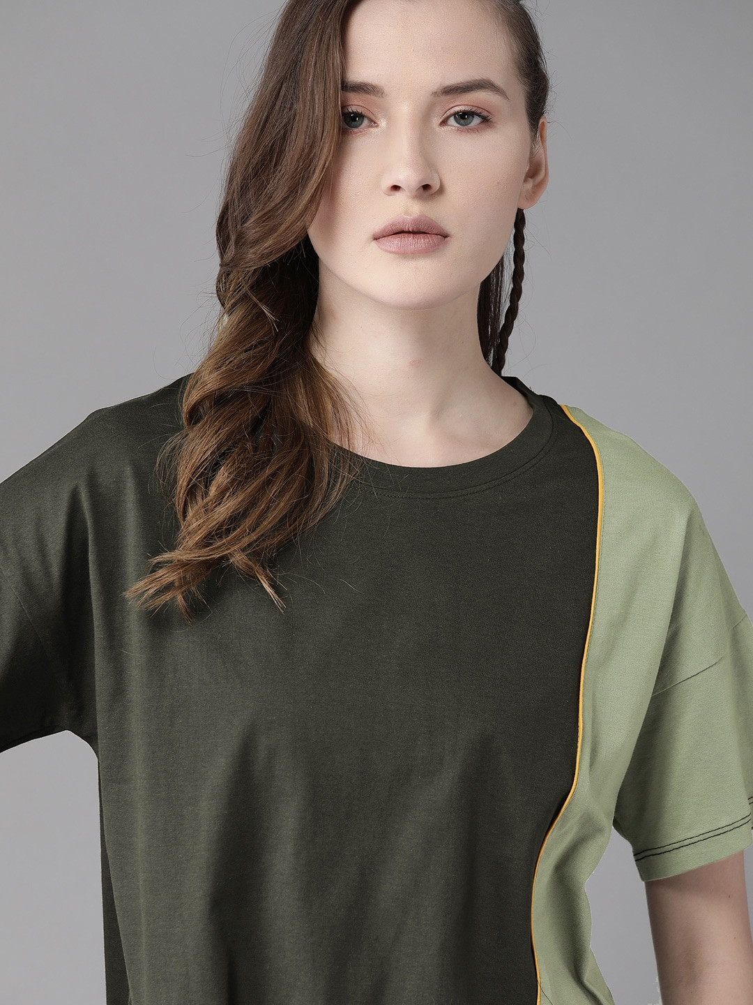 Roadster Women Olive Green Antiviral Protective Finish Colourblocked Boxy Fit T-shirt
Roadster Women Olive Green Antiviral Protective Finish Colourblocked Boxy Fit T-shirt