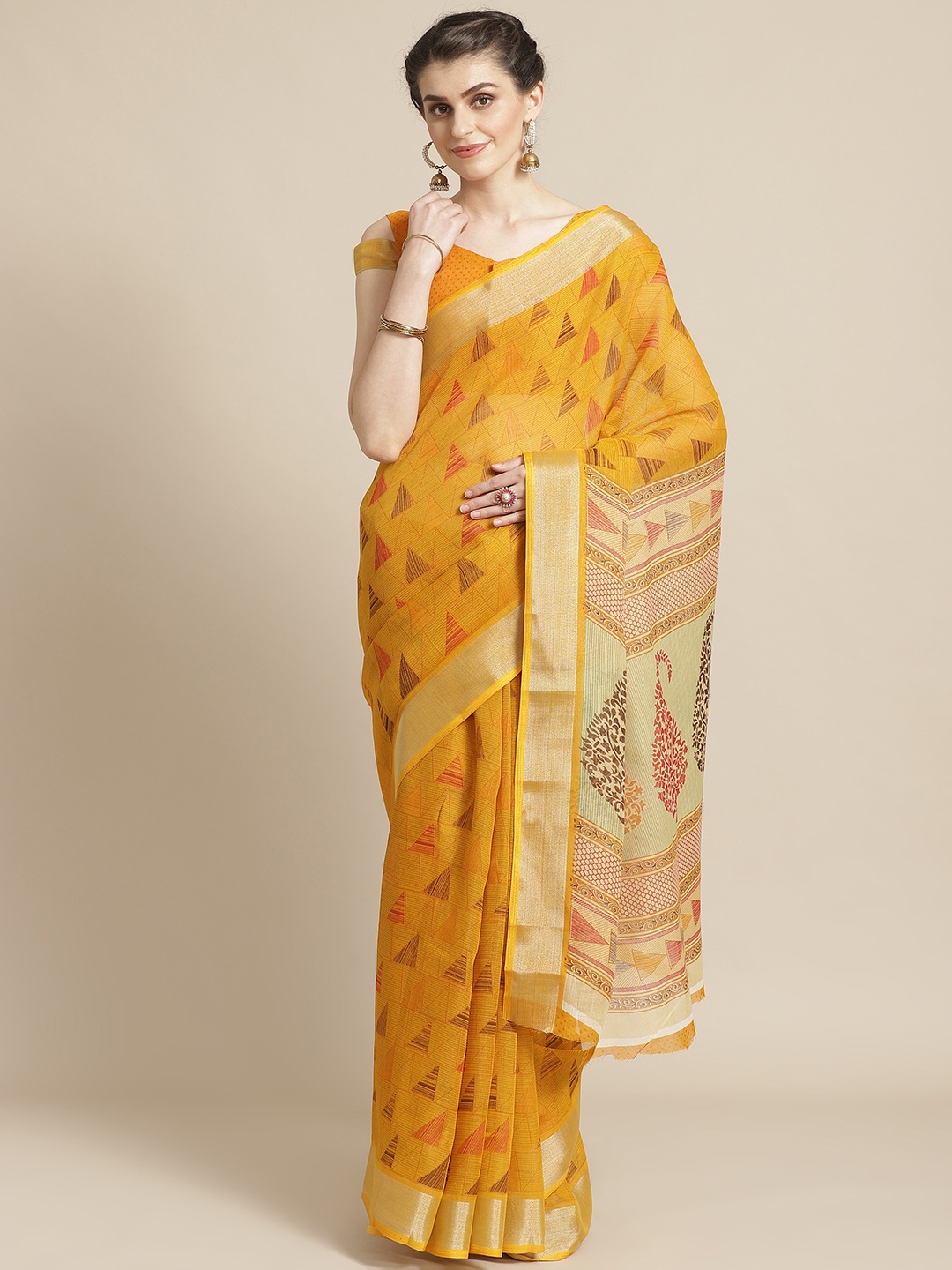 Saree mall Mustard Yellow & Brown Woven Design Saree