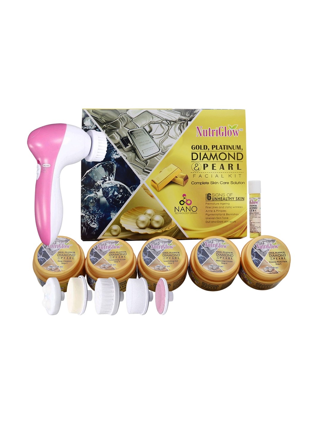 NutriGlow Gold, Platinum, Diamond & Pearl Facial Kit & 5-in-1 Portable Face Massager, Multi
NutriGlow Gold, Platinum, Diamond & Pearl Facial Kit & 5-in-1 Portable Face Massager, Multi