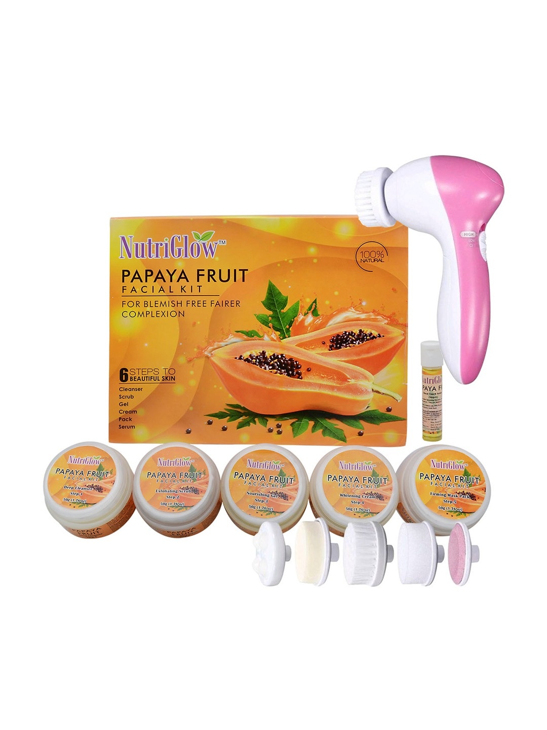NutriGlow Papaya Fruit Facial Kit 250g+10ml with 5 in 1 Portable Face Massager, Multi
NutriGlow Papaya Fruit Facial Kit 250g+10ml with 5 in 1 Portable Face Massager, Multi