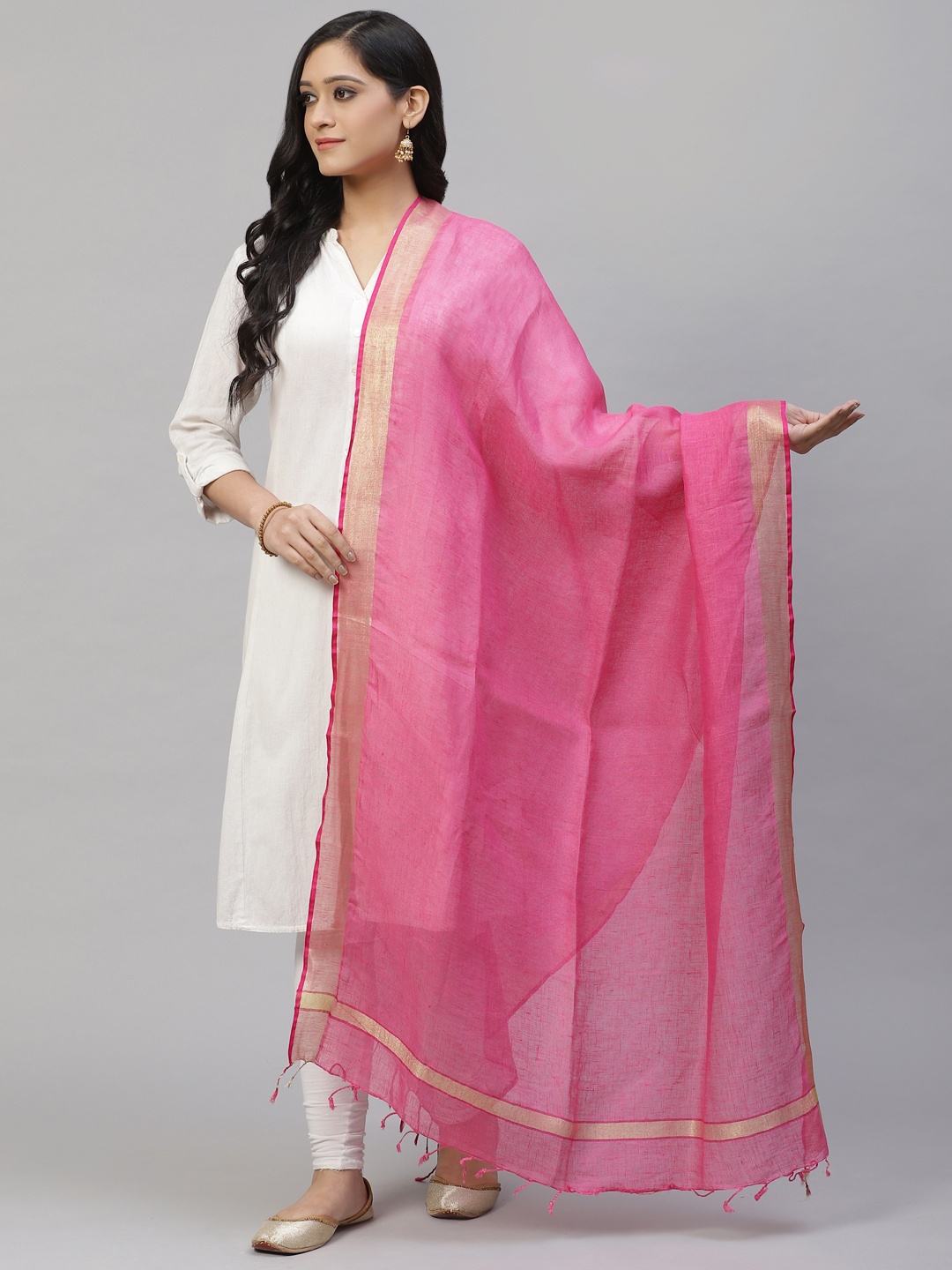 swatika Pink & Golden Handloom Zari Solid Bhagalpuri Dupatta