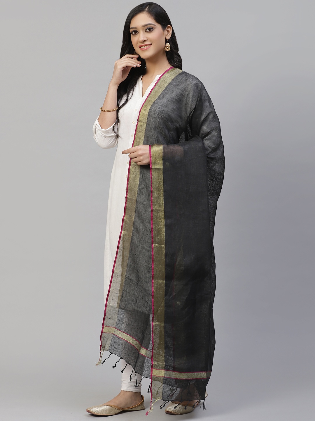 swatika Black & Golden Hanloom Zari Solid Pure Linen Bhagalpuri Dupatta