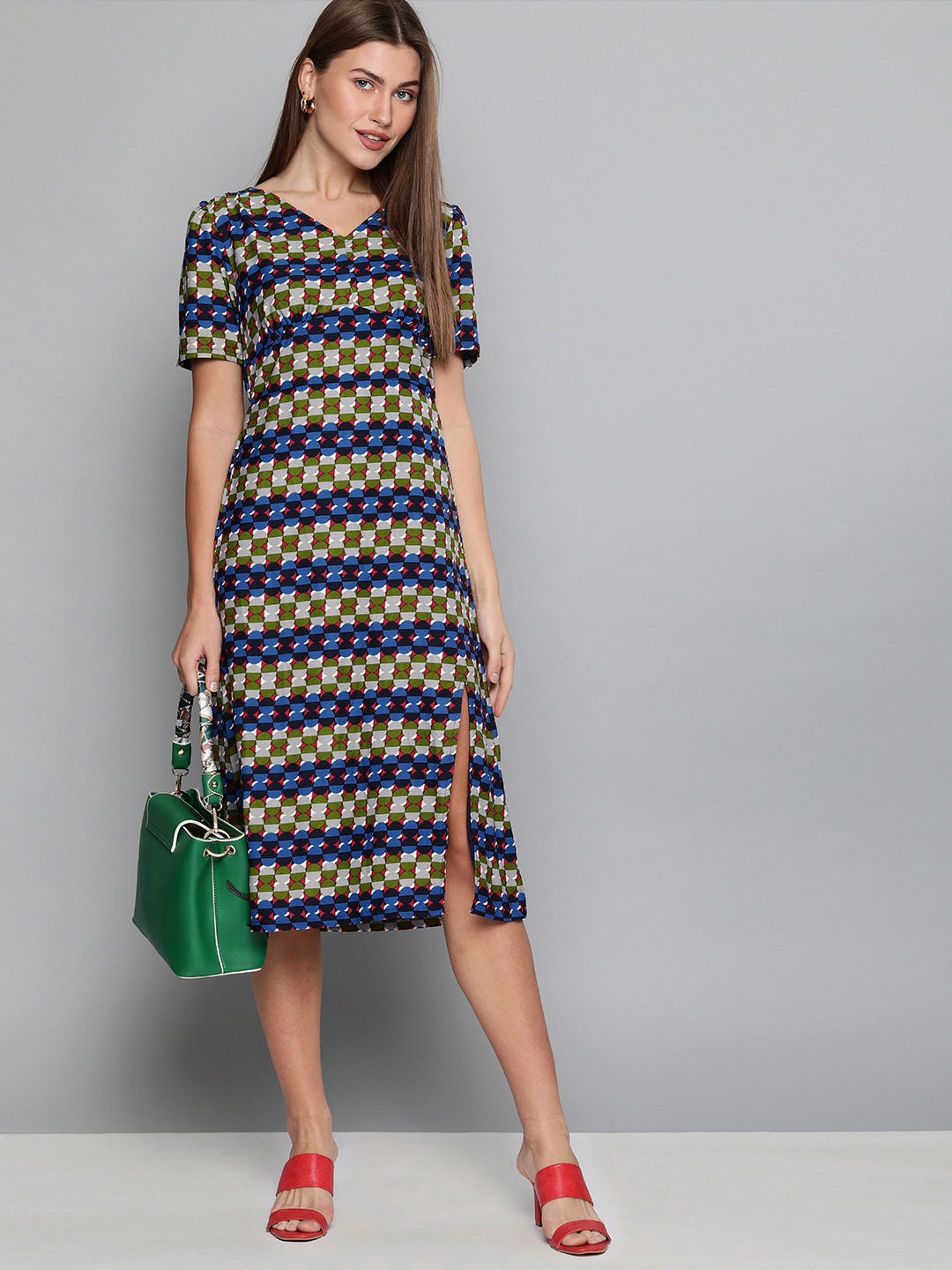 HERE&NOW Women Olive Green & Navy Blue Printed A-Line Dress