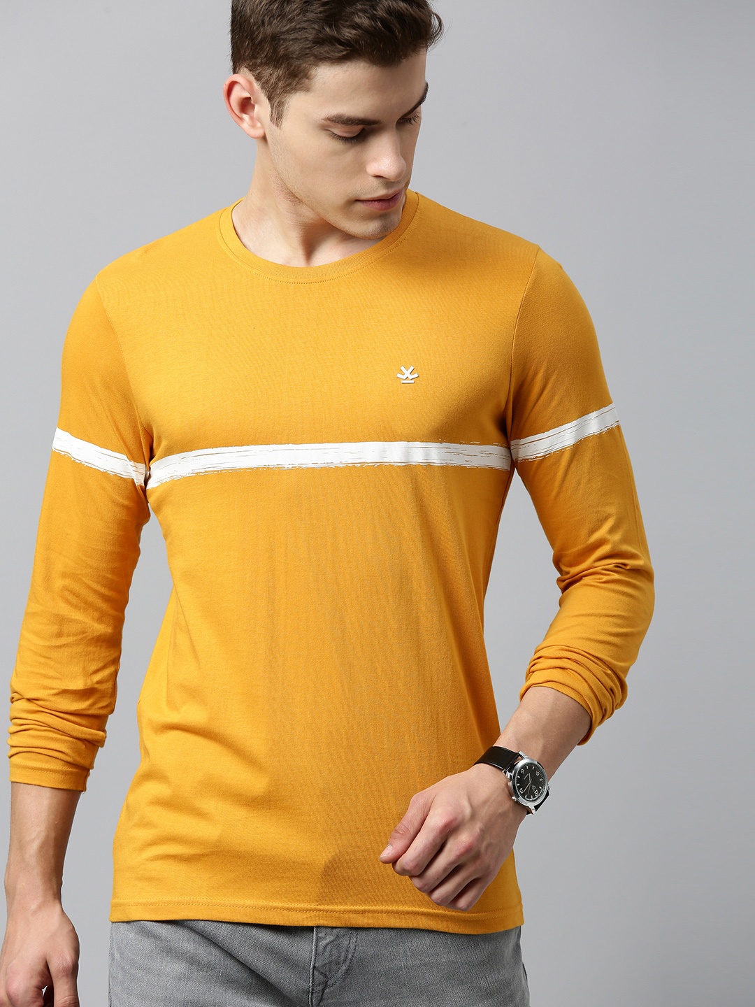 WROGN Men Mustard Yellow Solid Slim Fit Round Neck Pure Cotton T-shirt with Stripe Detail
WROGN Men Mustard Yellow Solid Slim Fit Round Neck Pure Cotton T-shirt with Stripe Detail