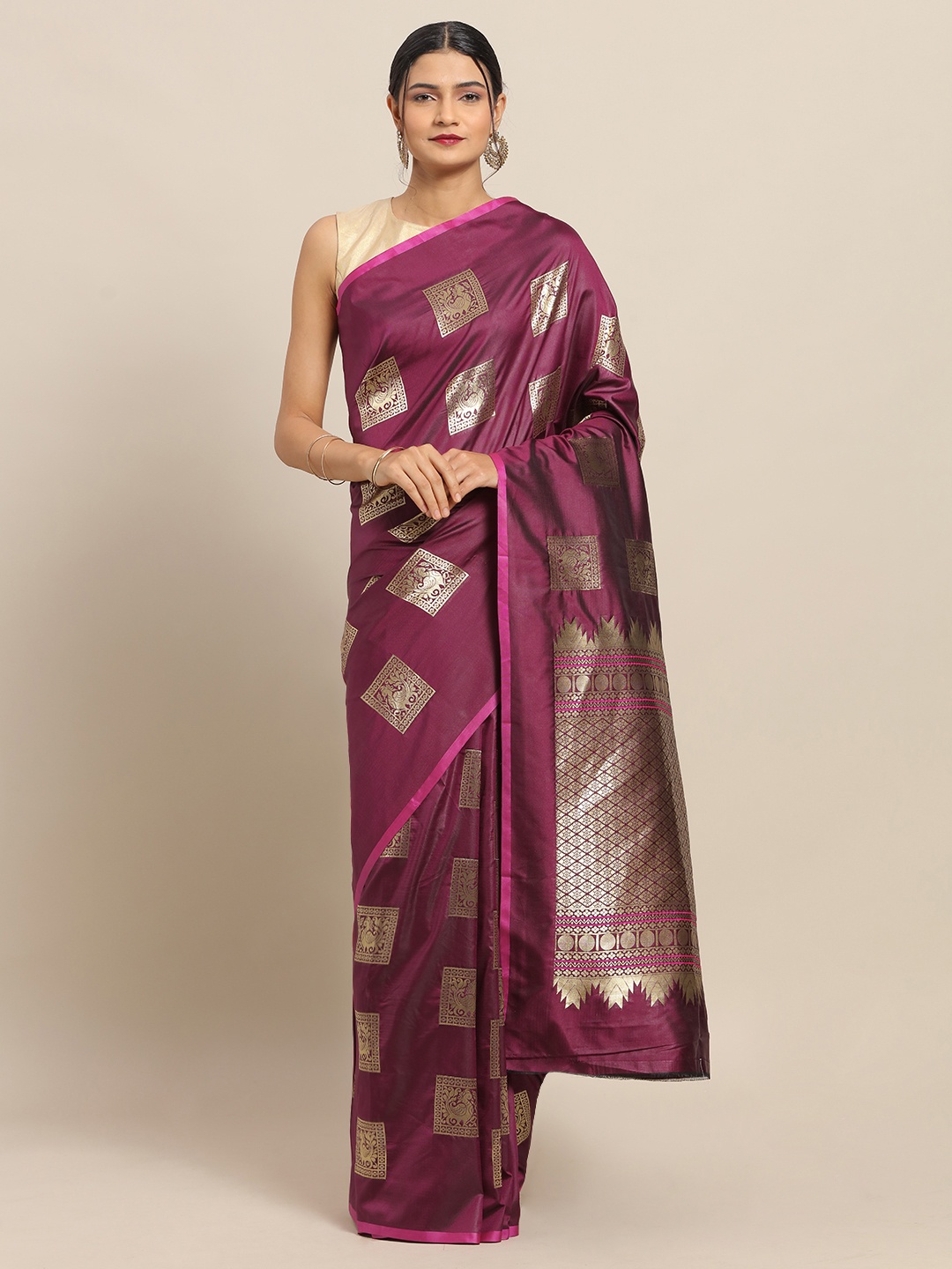 VASTRANAND Burgundy Silk Blend Woven Design Banarasi Saree