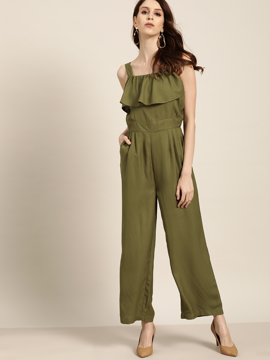 all about you Olive Green Solid Basic Jumpsuit