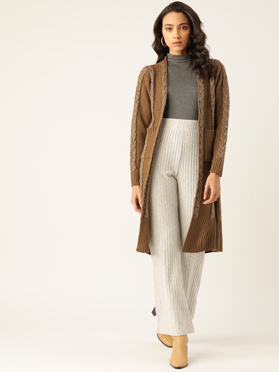 all about you Women Brown Cable Knit Shimmer Detail Longline Front-Open Acrylic Sweater
all about you Women Brown Cable Knit Shimmer Detail Longline Front-Open Acrylic Sweater