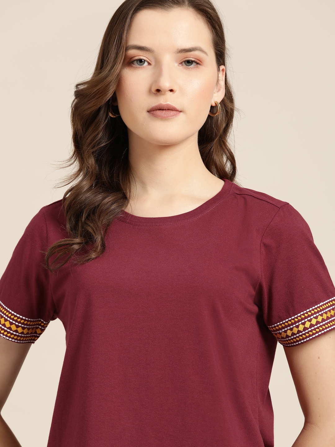 all about you Women Maroon Solid Round Neck Pure Cotton T-shirt