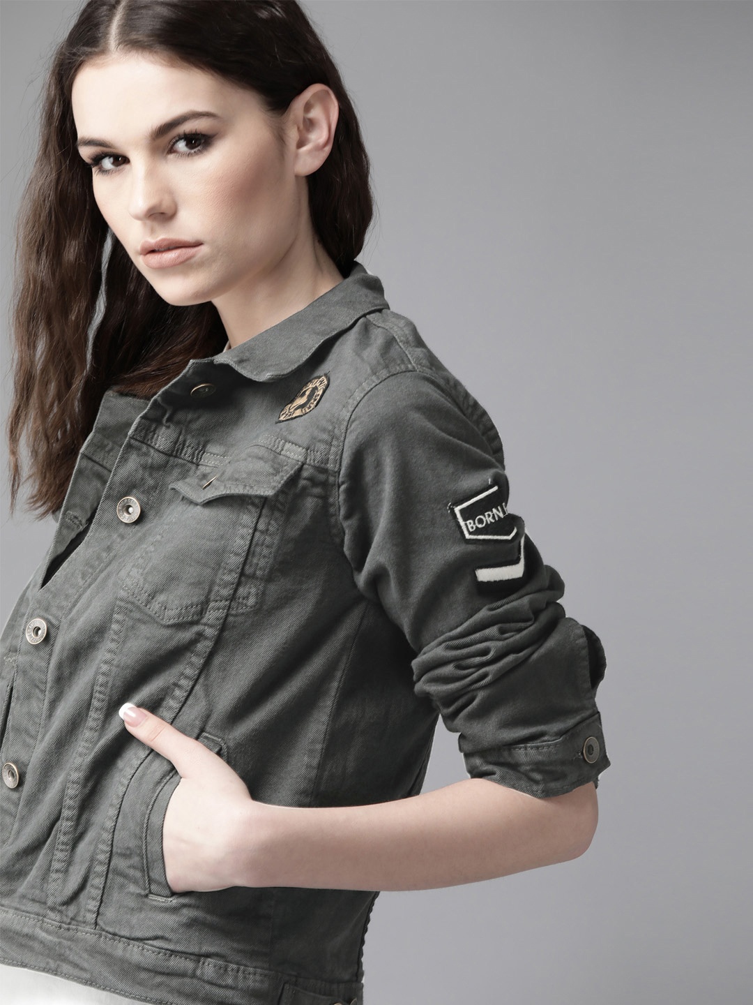 Roadster Women Charcoal Grey Solid Denim Jacket