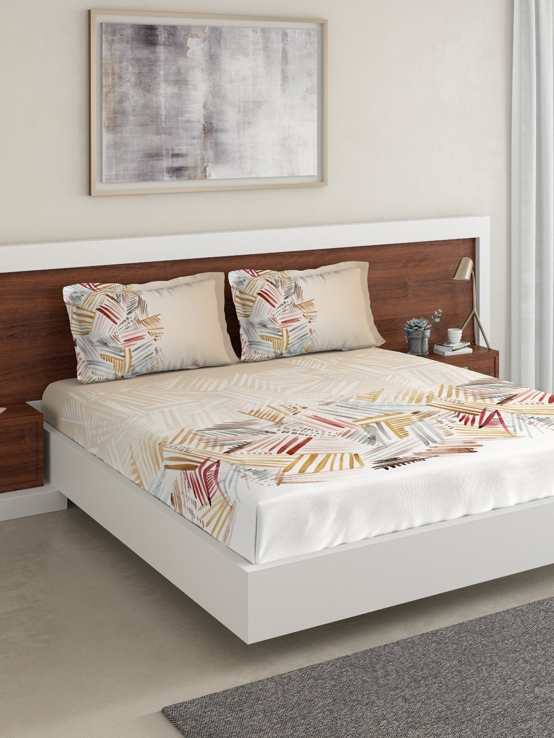 DDecor Brown Abstract 140 TC Cotton 1 King Bedsheet with 2 Pillow Covers