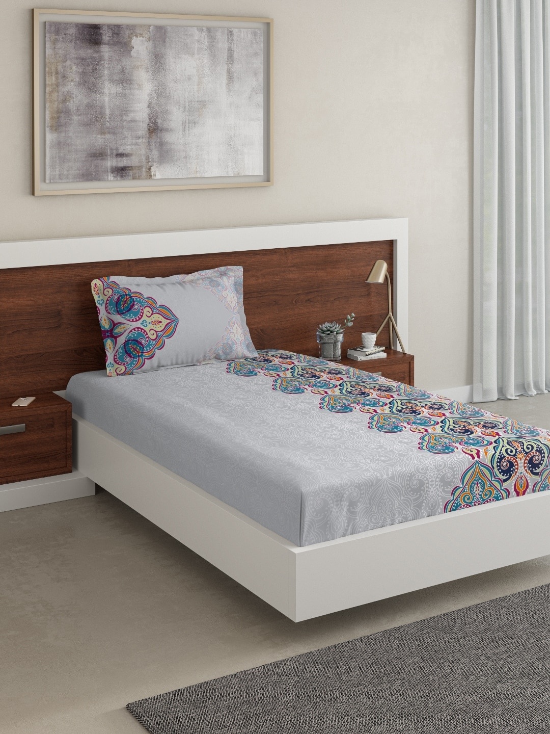 DDecor Grey & Teal Blue Ethnic Motifs 140 TC Cotton 1 Single Bedsheet with 1 Pillow Cover
DDecor Grey & Teal Blue Ethnic Motifs 140 TC Cotton 1 Single Bedsheet with 1 Pillow Cover