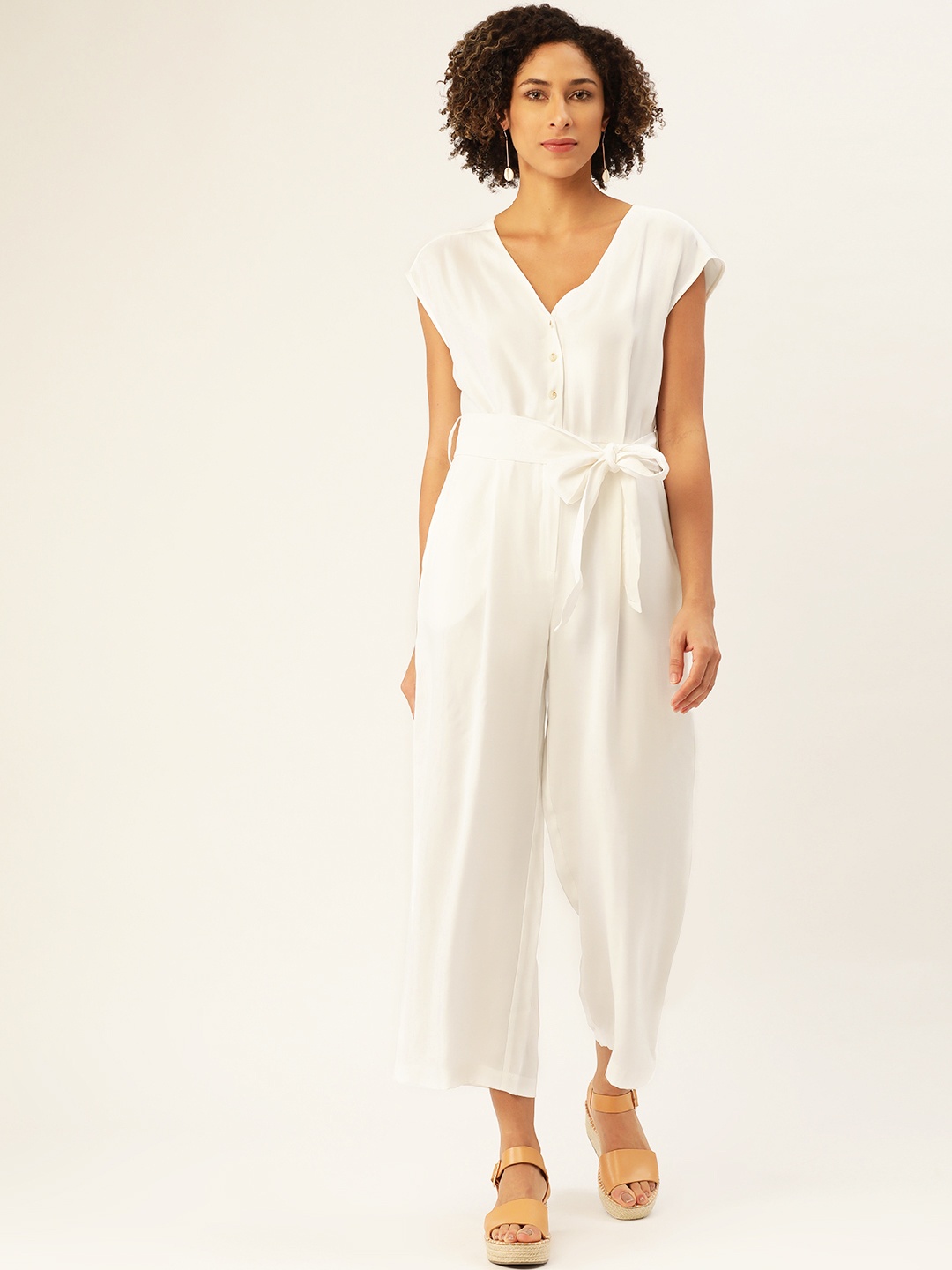 MANGO Women White Solid Basic Jumpsuit with Belt