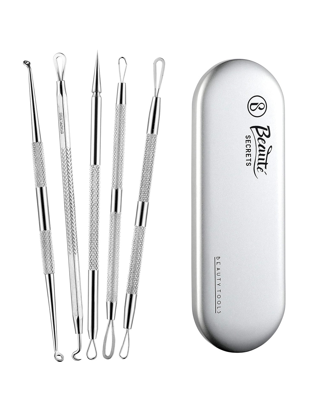 Beaute Secrets Set of 5 Stainless Steel Anti-Slid Handle Blackhead Remover Tool Kit, Silver
Beaute Secrets Set of 5 Stainless Steel Anti-Slid Handle Blackhead Remover Tool Kit, Silver
