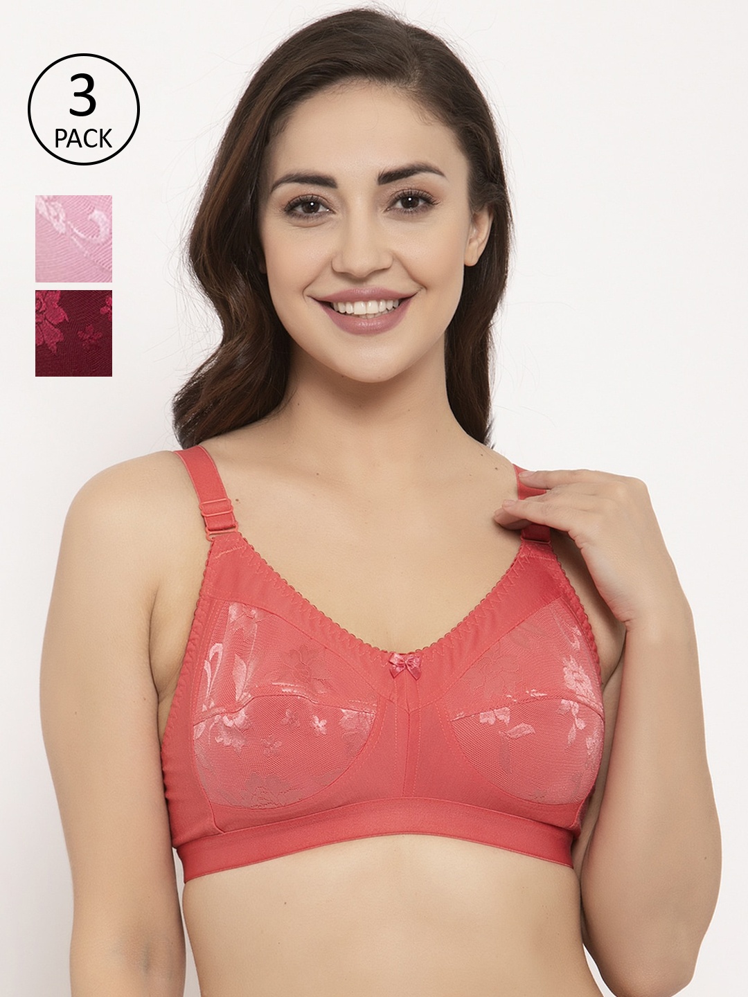 GRACIT Pack Of 3 Self Design Non-Wired Non Padded Balconette Bras PW4-10-14-15, Pink