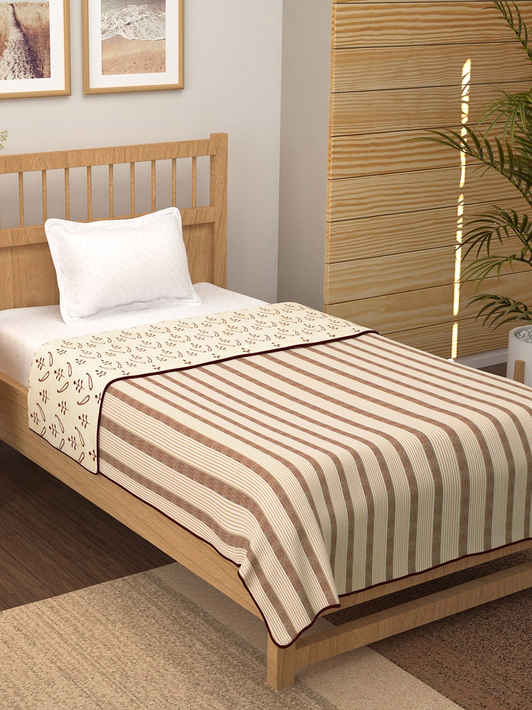 Story@home Beige & Maroon Striped Mild Winter 210 GSM Single Bed Dohar