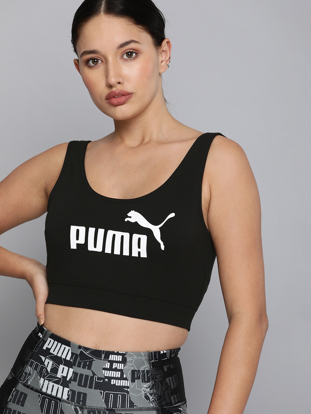 Puma Women Black & White ESS Logo Crop Top