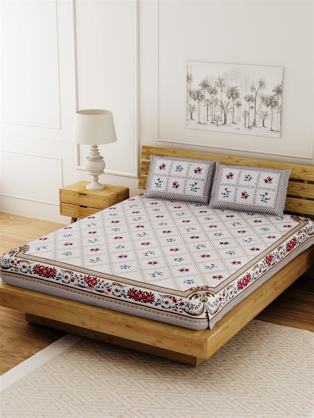 LIVING ROOTS Off-White Jaipuri Floral 144 TC Cotton 1 King Bedsheet with 2 Pillow Covers
LIVING ROOTS Off-White Jaipuri Floral 144 TC Cotton 1 King Bedsheet with 2 Pillow Covers