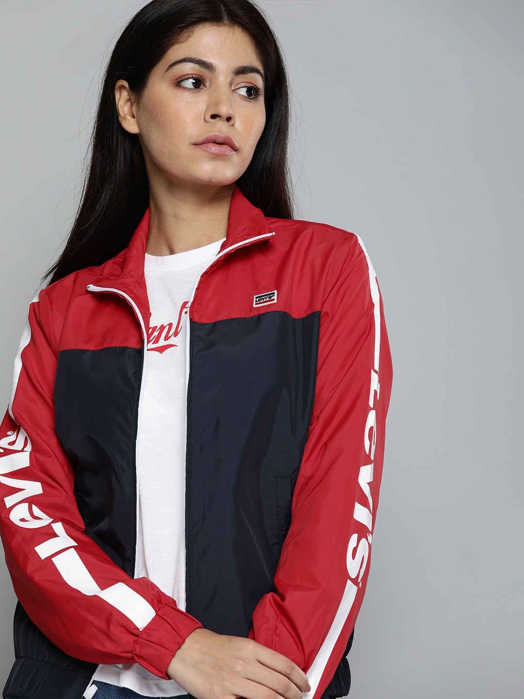 Levis Women Navy Blue Colourblocked Open Front Jacket