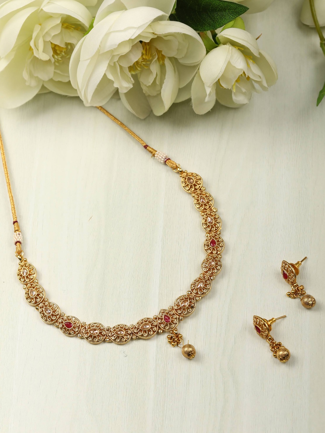 Priyaasi Red & Cream-Coloured Gold-Plated Stone-Studded & Beaded Handcrafted Jewellery Set