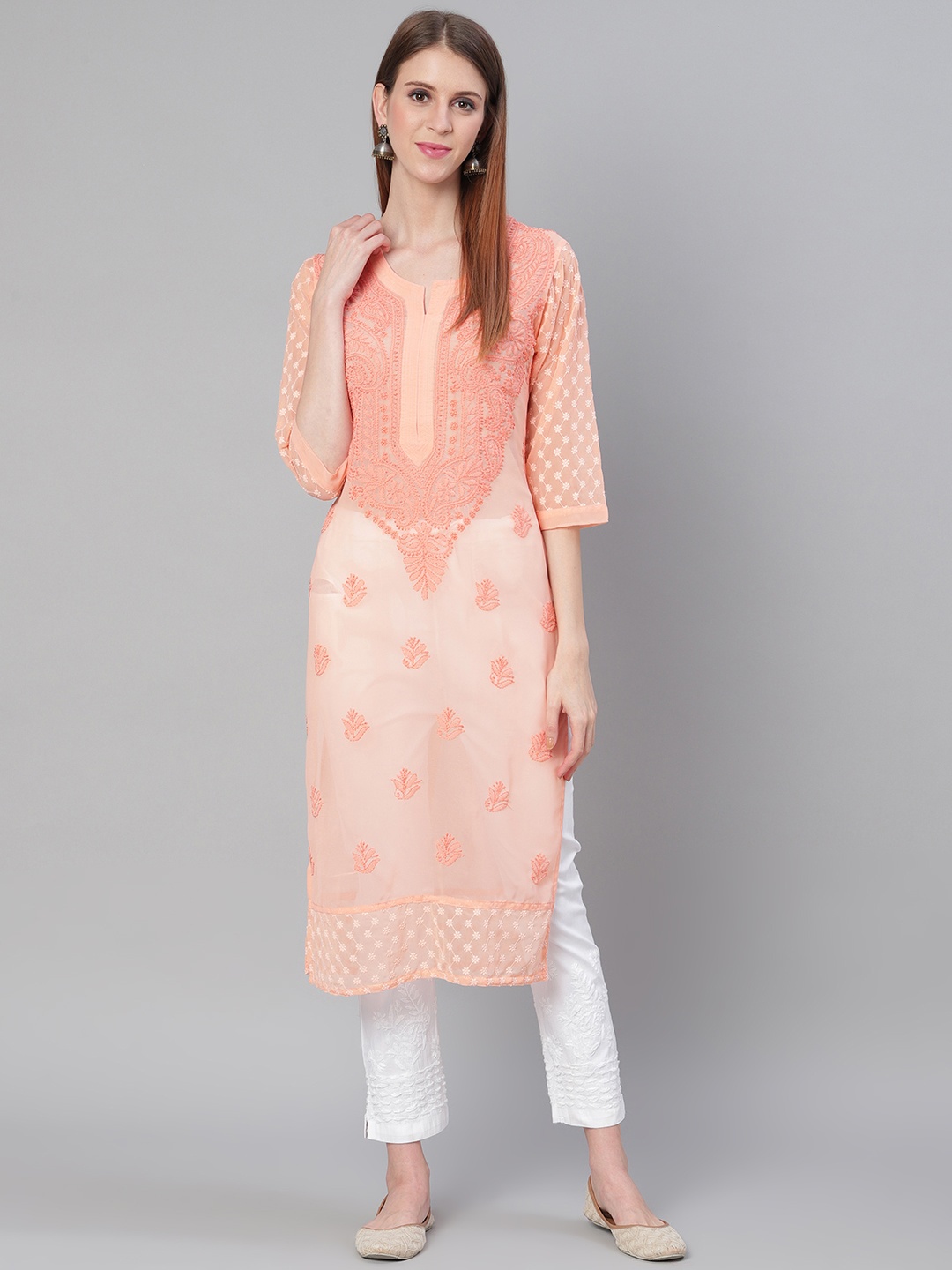 Saadgi Women Peach-Coloured & White Chikankari Embroidered Handloom Kurta with Trousers
Saadgi Women Peach-Coloured & White Chikankari Embroidered Handloom Kurta with Trousers