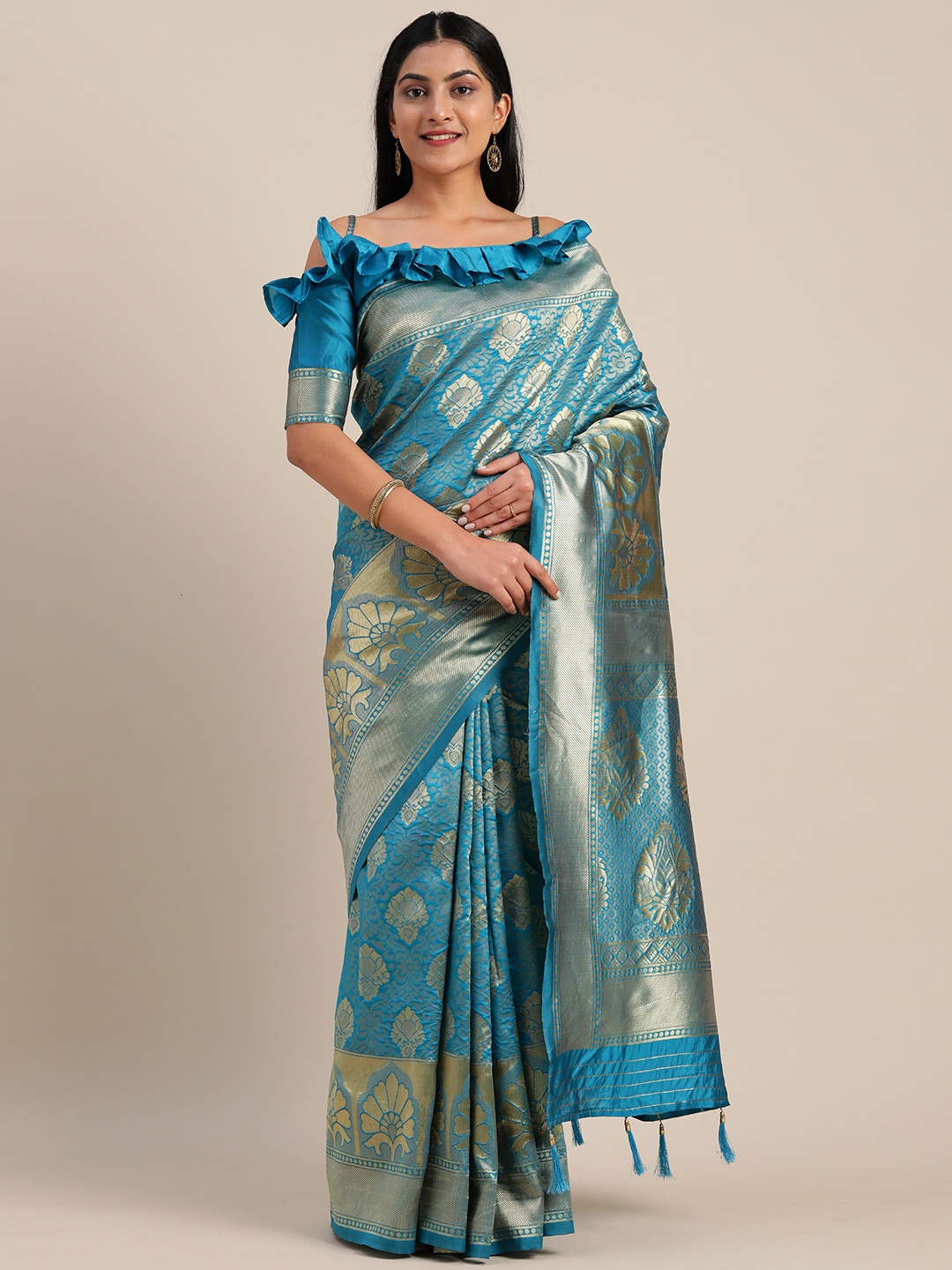 Mitera Turquoise Blue & Gold-Toned Silk Blend Woven Design Kanjeevaram Saree
Mitera Turquoise Blue & Gold-Toned Silk Blend Woven Design Kanjeevaram Saree