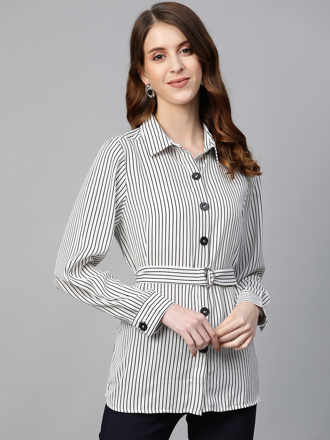 plusS Women White & Black Regular Fit Striped Casual Shirt with Belt
plusS Women White & Black Regular Fit Striped Casual Shirt with Belt