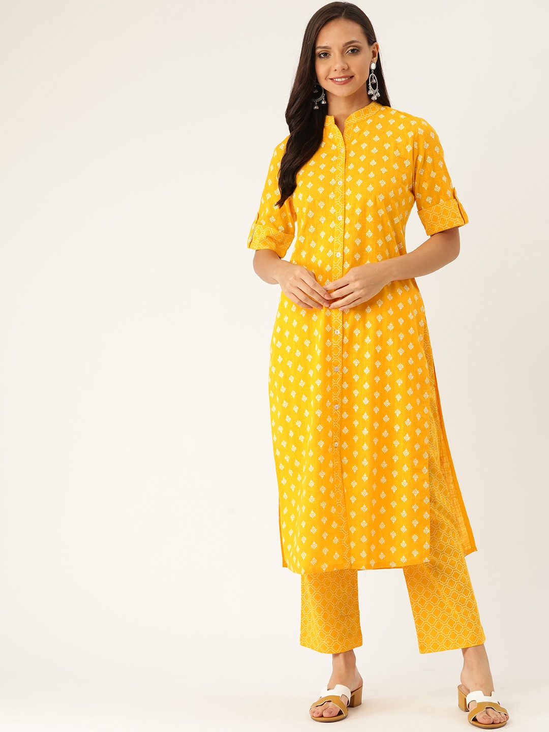 Jaipur Kurti Women Mustard Yellow & White Printed Kurta with Palazzos