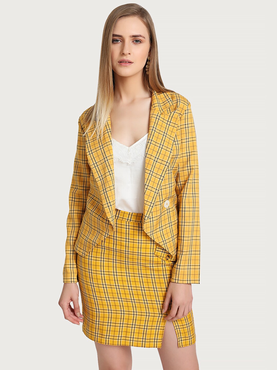 Kazo Women Yellow & Black Checked Blazer