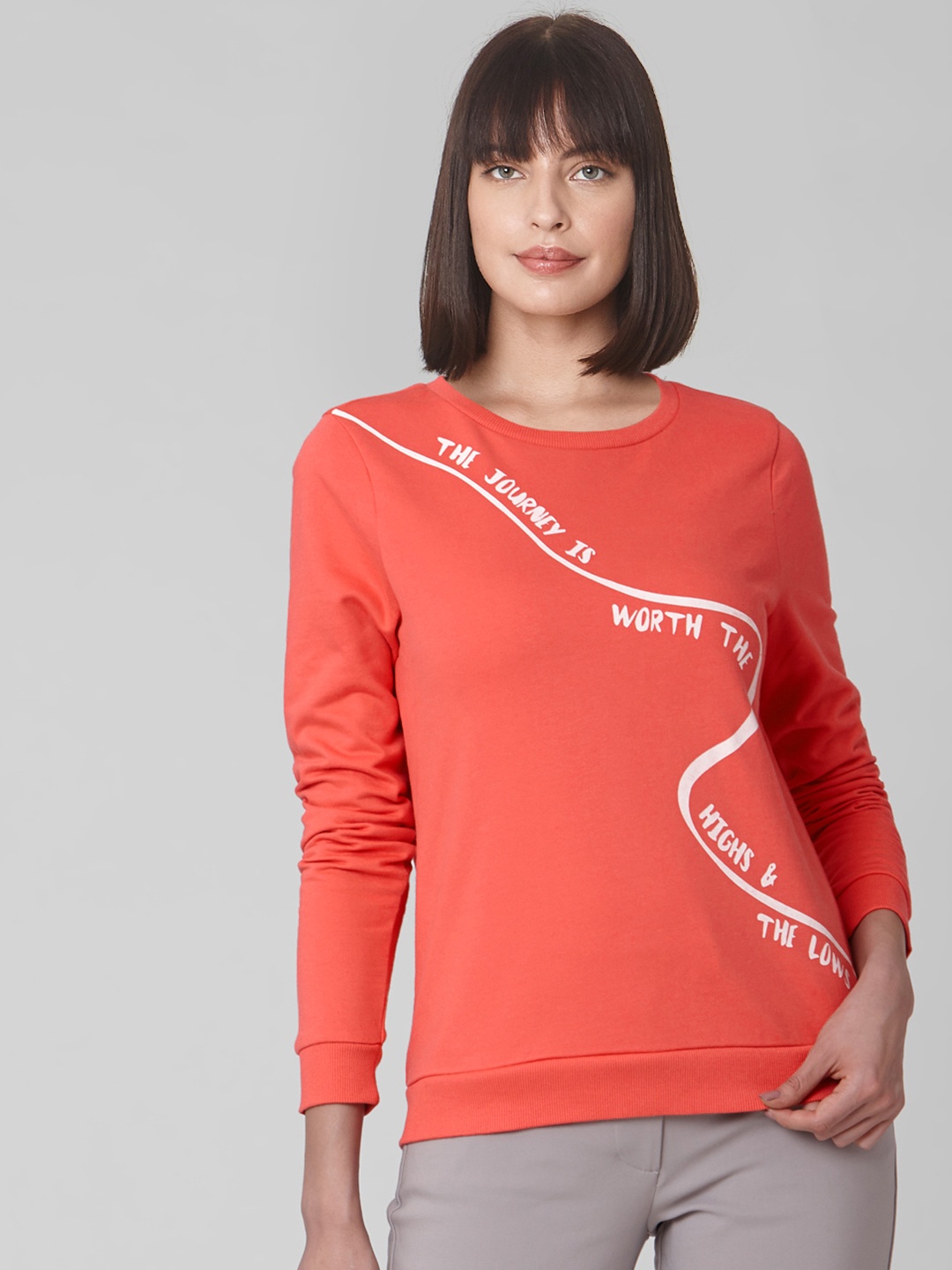 Vero Moda Women Coral Orange Printed Sweatshirt