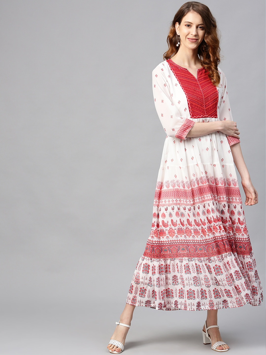 Juniper Women White & Pink Embroidered Detail Printed Tiered Maxi Dress with Tie-Ups
Juniper Women White & Pink Embroidered Detail Printed Tiered Maxi Dress with Tie-Ups