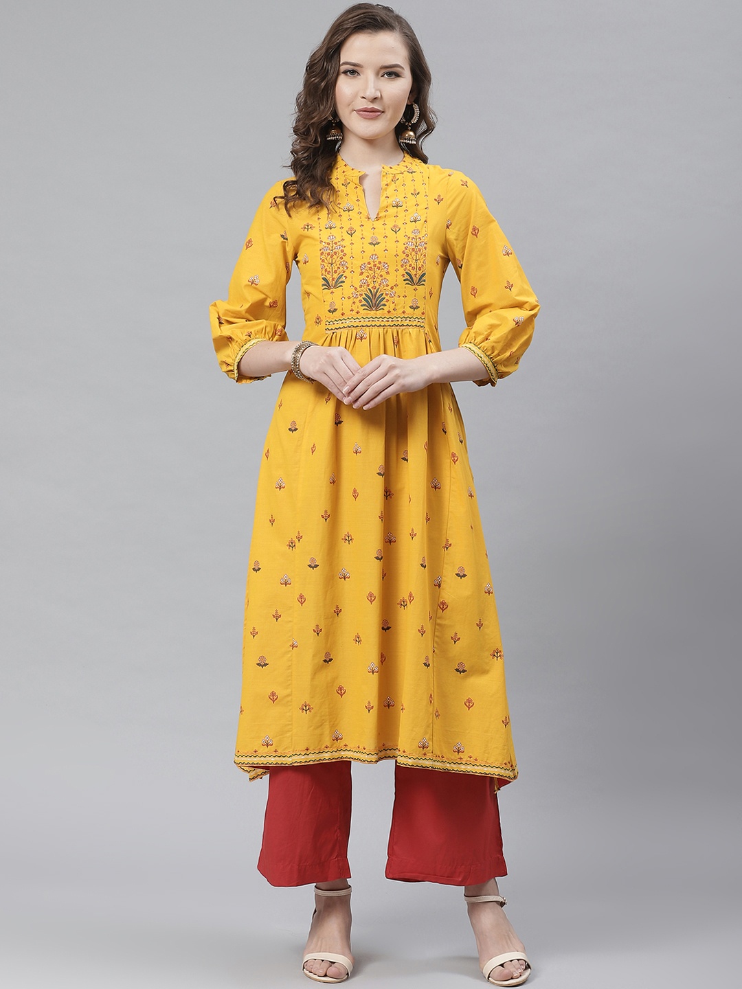 Biba Women Mustard Yellow Printed A-Line Kurta