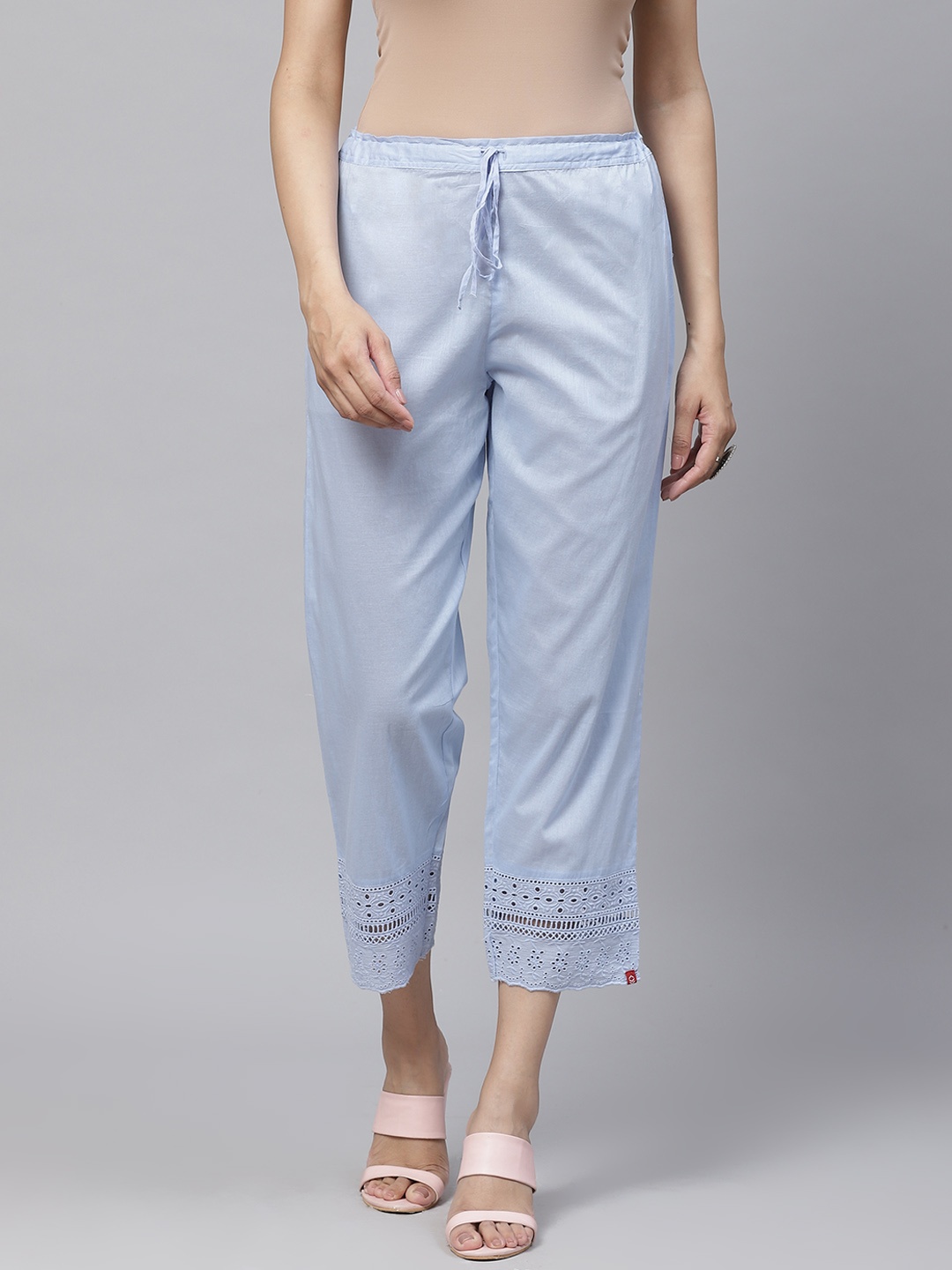 Biba Women Blue Regular Fit Solid Cropped Trousers