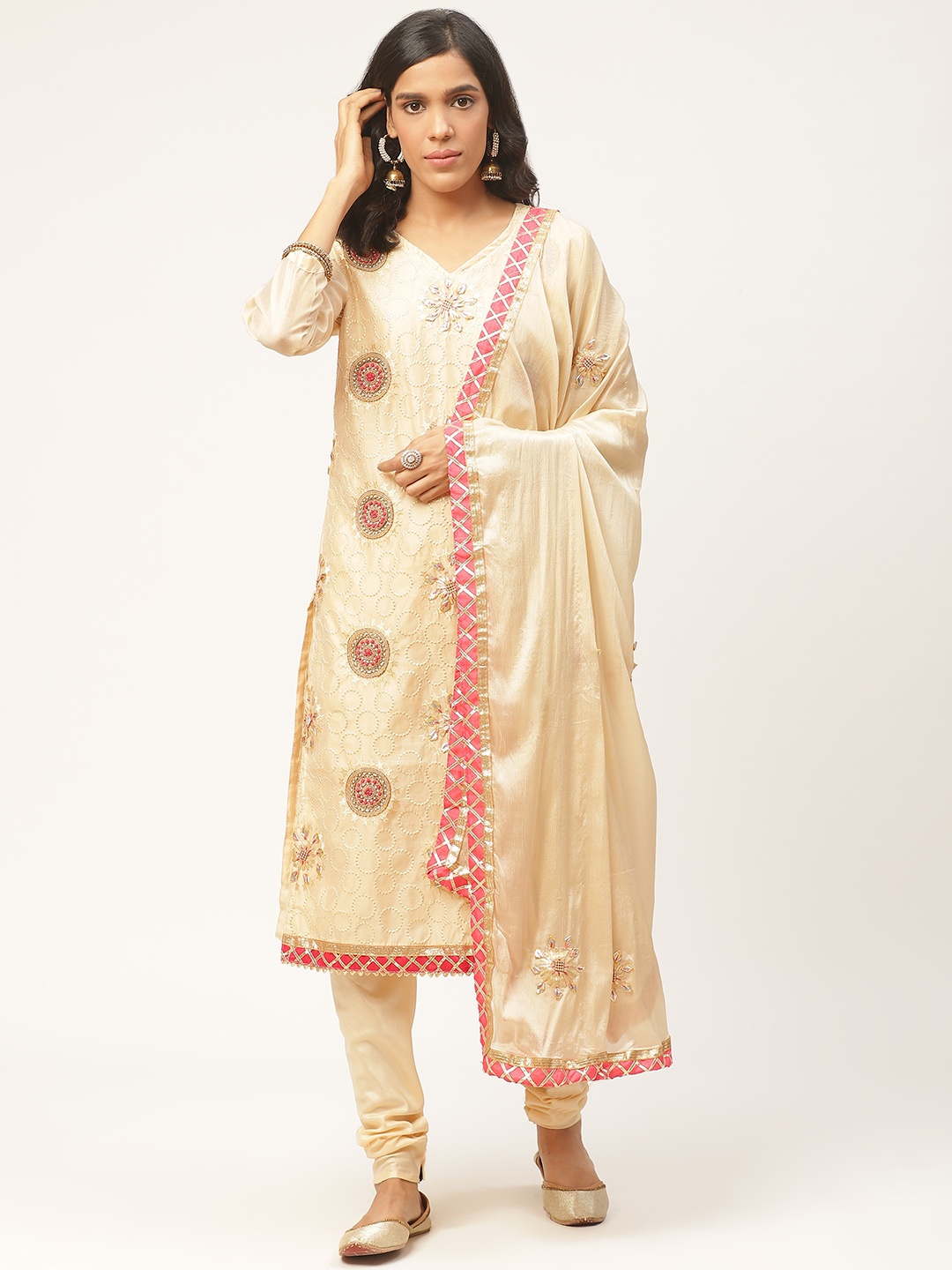 Shaily Beige & Golden Geometric Embroidery Unstitched Dress Material with Gotta Work
Shaily Beige & Golden Geometric Embroidery Unstitched Dress Material with Gotta Work