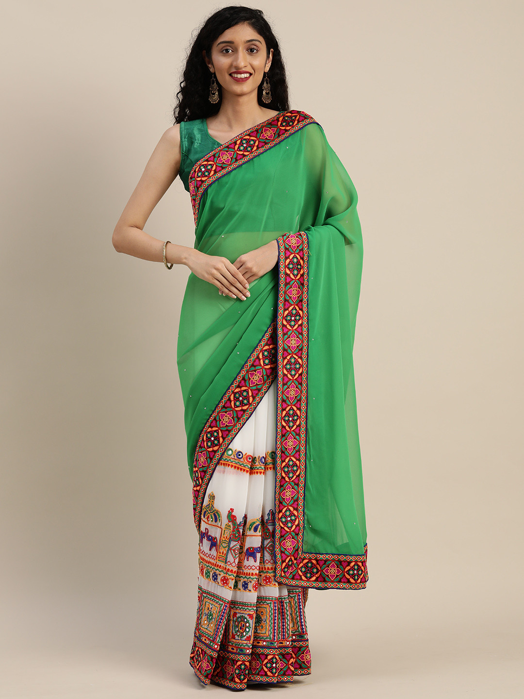 VASTRANAND Green & White Poly Georgette Embroidered Saree 
VASTRANAND Green & White Poly Georgette Embroidered Saree