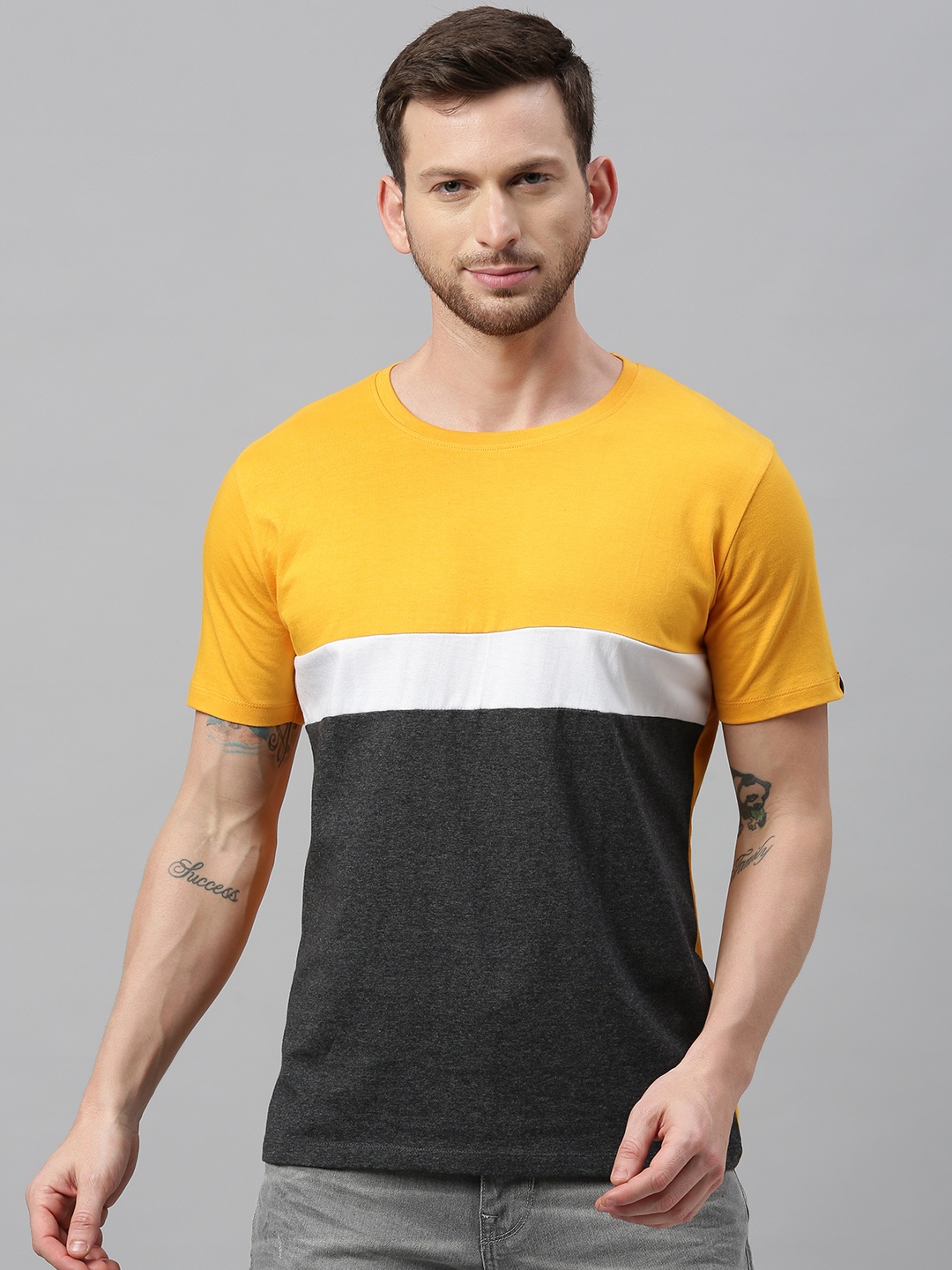 Urbano Fashion Men Mustard Yellow Charcoal Grey Colourblocked Slim Round Neck Pure Cotton T-shirt
Urbano Fashion Men Mustard Yellow Charcoal Grey Colourblocked Slim Round Neck Pure Cotton T-shirt