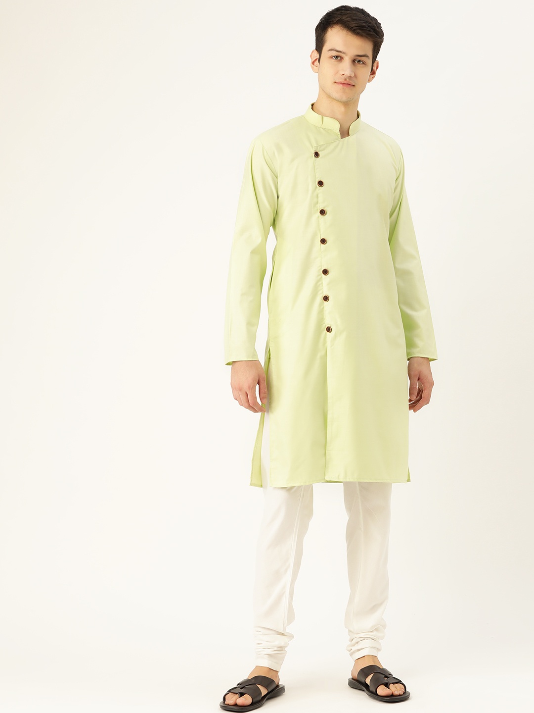 SOJANYA Men Green & White Solid Kurta with Churidar