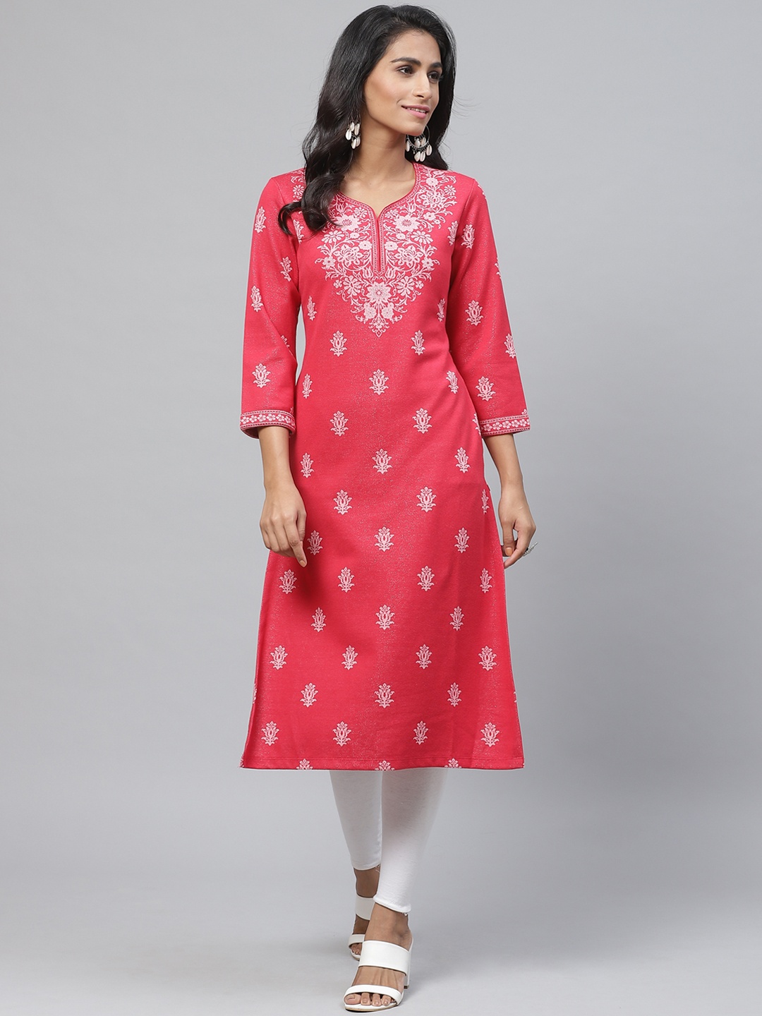 Biba Women Red & Pink Printed Straight Winter Kurta